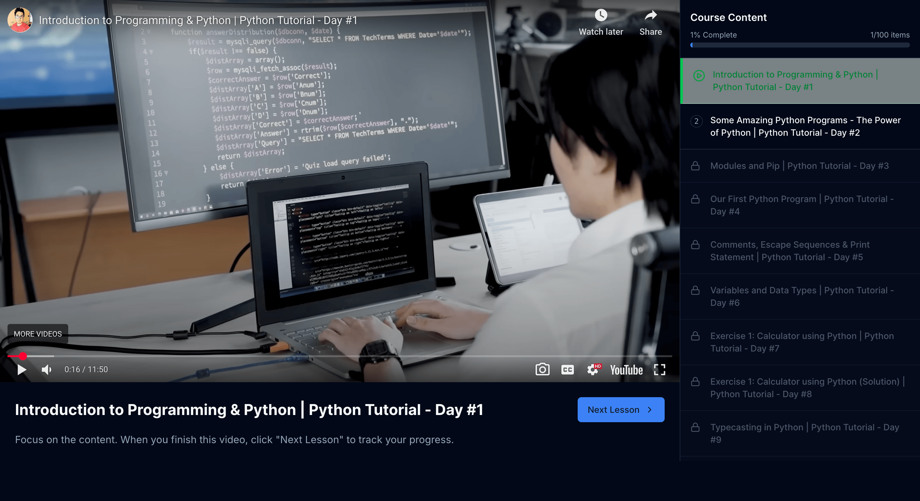 LearnDashly Course View Interface (Dark)